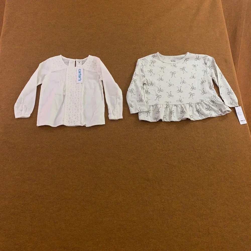 Carter's Toddler 4T White Grey Lace Bow Peplum Long Sleeve Top 2pc Lot New